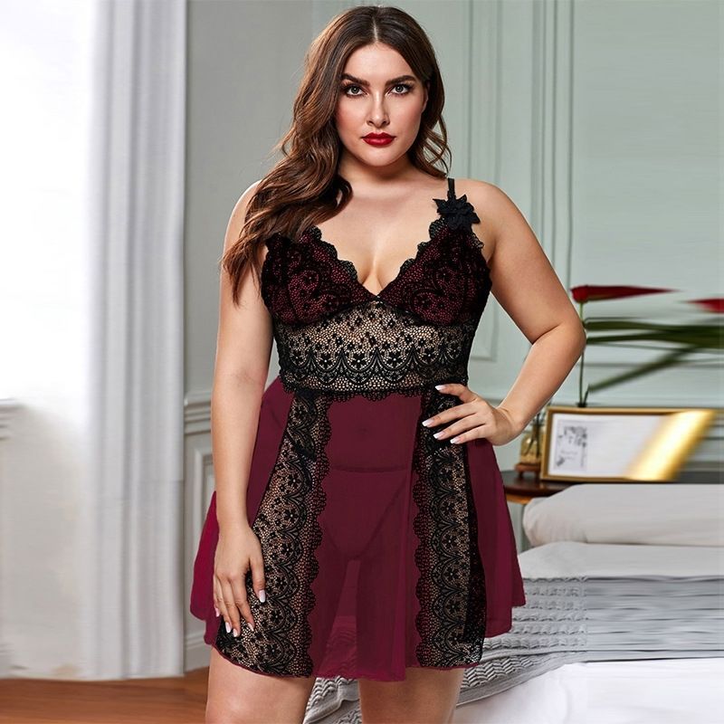 Cross-Border 9900 Sexy Deep V Strap Lace Nightdress Female European and American Fat Woman plus Size Mesh See-through Sexy Skirt