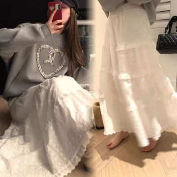 月光少女2024早春白色气质仙女芭蕾风蕾丝拼接伞裙半身蛋糕长裙女