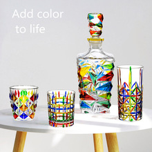 设计师手工彩绘水晶玻璃杯子轻奢彩色编织纹意大利珐琅威士忌酒杯