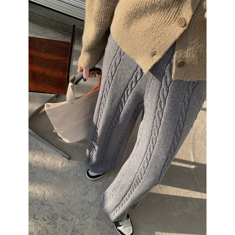 麻花针织裤宽松阔腿裤拖底裤女2022秋冬新款百搭毛线长裤奶奶裤子