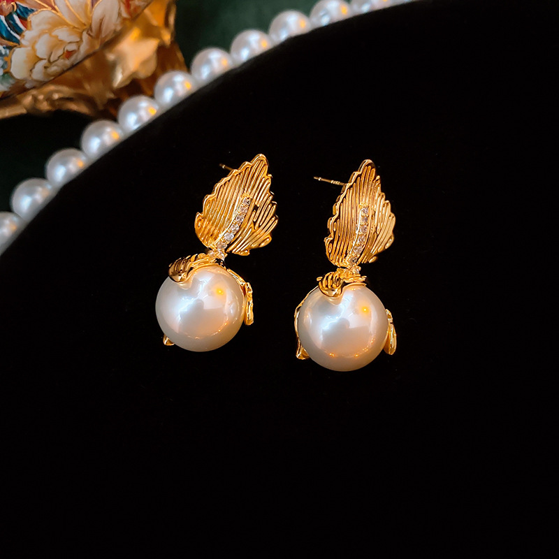 Pearl Earrings High-Grade Real Gold Electroplated Silver Needle French Vintage Court Style Earrings All-Match Ear Jewelry Wholesale