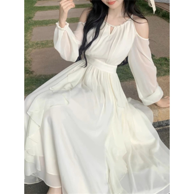 spring and summer 2024 new high-grade super nice off-shoulder halter waist-tight fairy white long sleeve dress