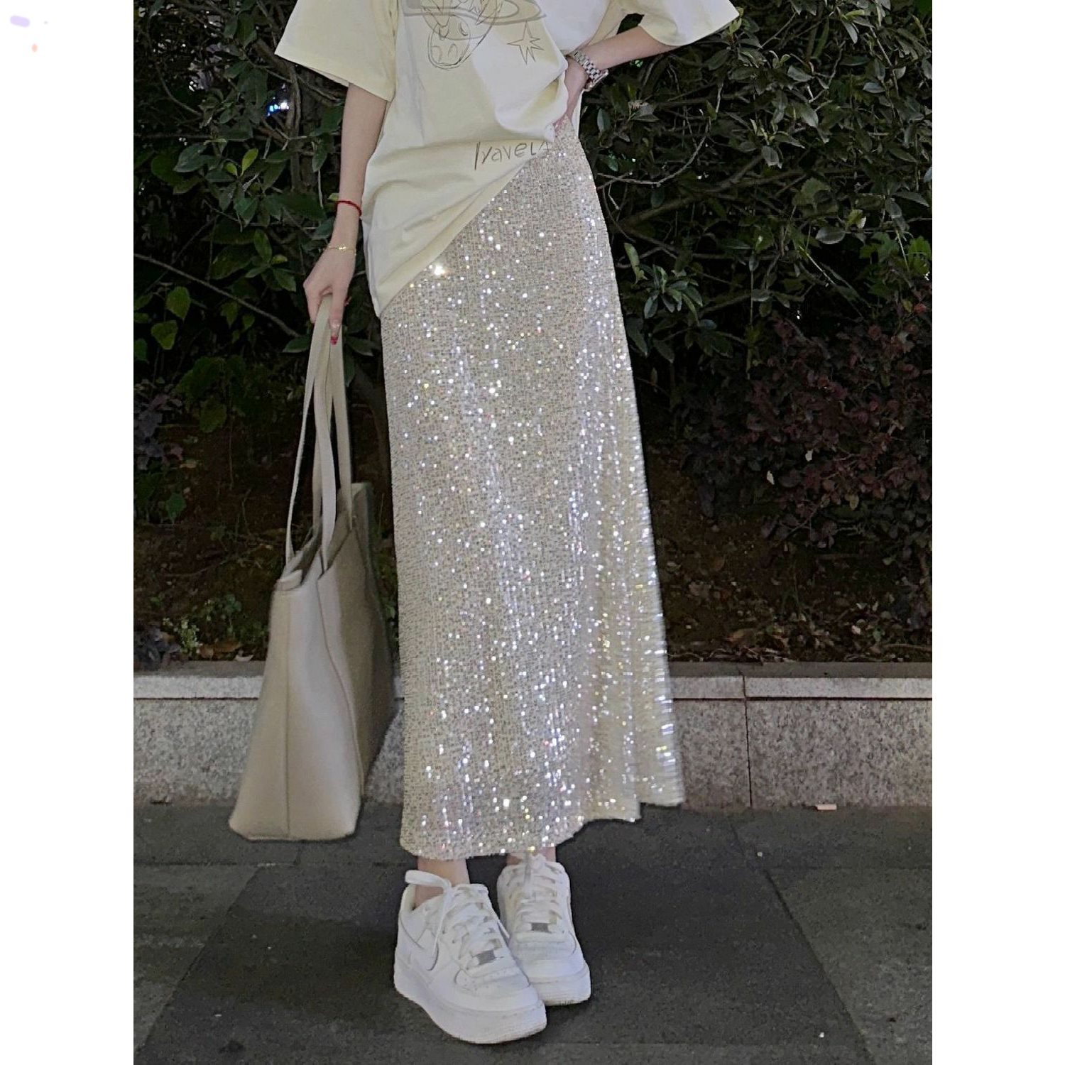 甜美日系细闪亮片半身裙子女夏季高腰显瘦直筒弹力中长裙时尚潮女