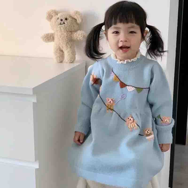 Giant Frog Head Collar Soft and Adorable Embroidered Girls' Knitted Dress Autumn and Winter Ins Cute Fashion Girls' Bottoming Dress