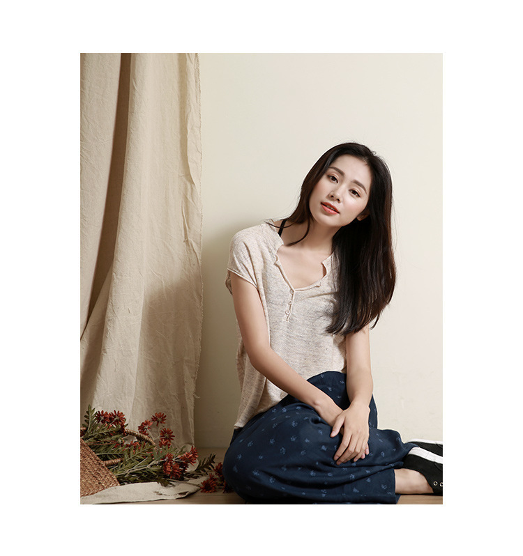 春夏季新款天丝亚麻清凉透气女v领文艺宽松短袖t恤针织衫详情10