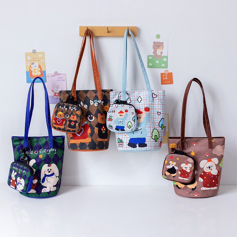 2024 Spring New Bucket Bag Women's Shoulder Underarm Bag Cartoon Korean Cute Portable Women's Cloth Bag Factory Wholesale