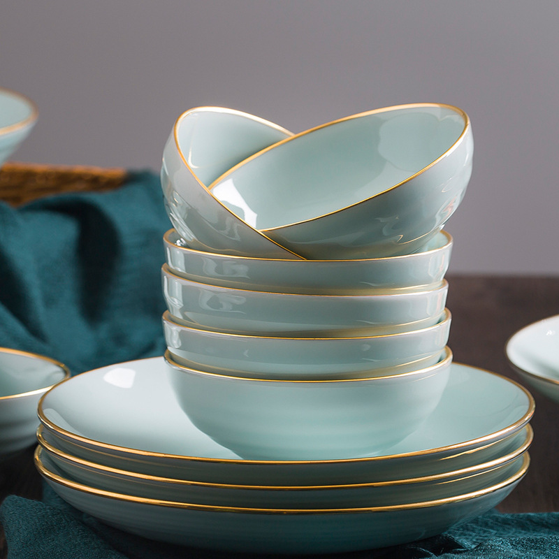 Bowl and Dish Set Household Chinese Simple Jingdezhen Misty Blue Tableware Set Gold Celadon Glaze Ceramic Bowl and Plate Combination