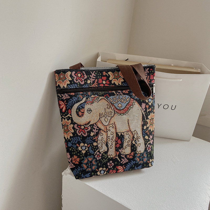 Double-Sided Medium Embroidered Elephant Bag Women's Canvas Single Shoulder Bag Ethnic Style Street Leisure Briefbag