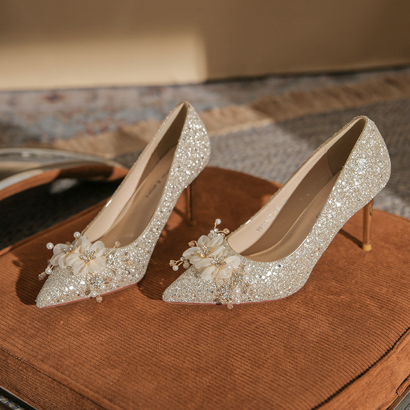 6681-30法式主婚鞋秀禾两穿2022新款珍珠水钻花朵水晶鞋细跟单鞋
