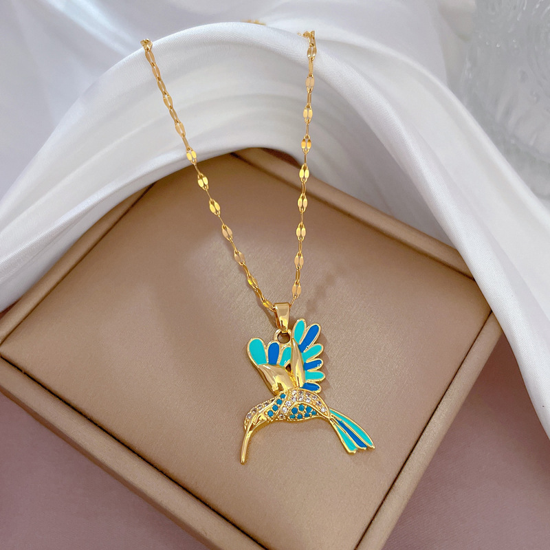 [Titanium Steel] Light Luxury Color Woodpecker Zircon Design Versatile Korean Style Ins Special-Interest Design Live Necklace