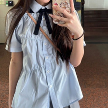 蓝色短袖衬衫女夏韩系学院风娃娃衫褶皱上衣设计感小众jk制服套装