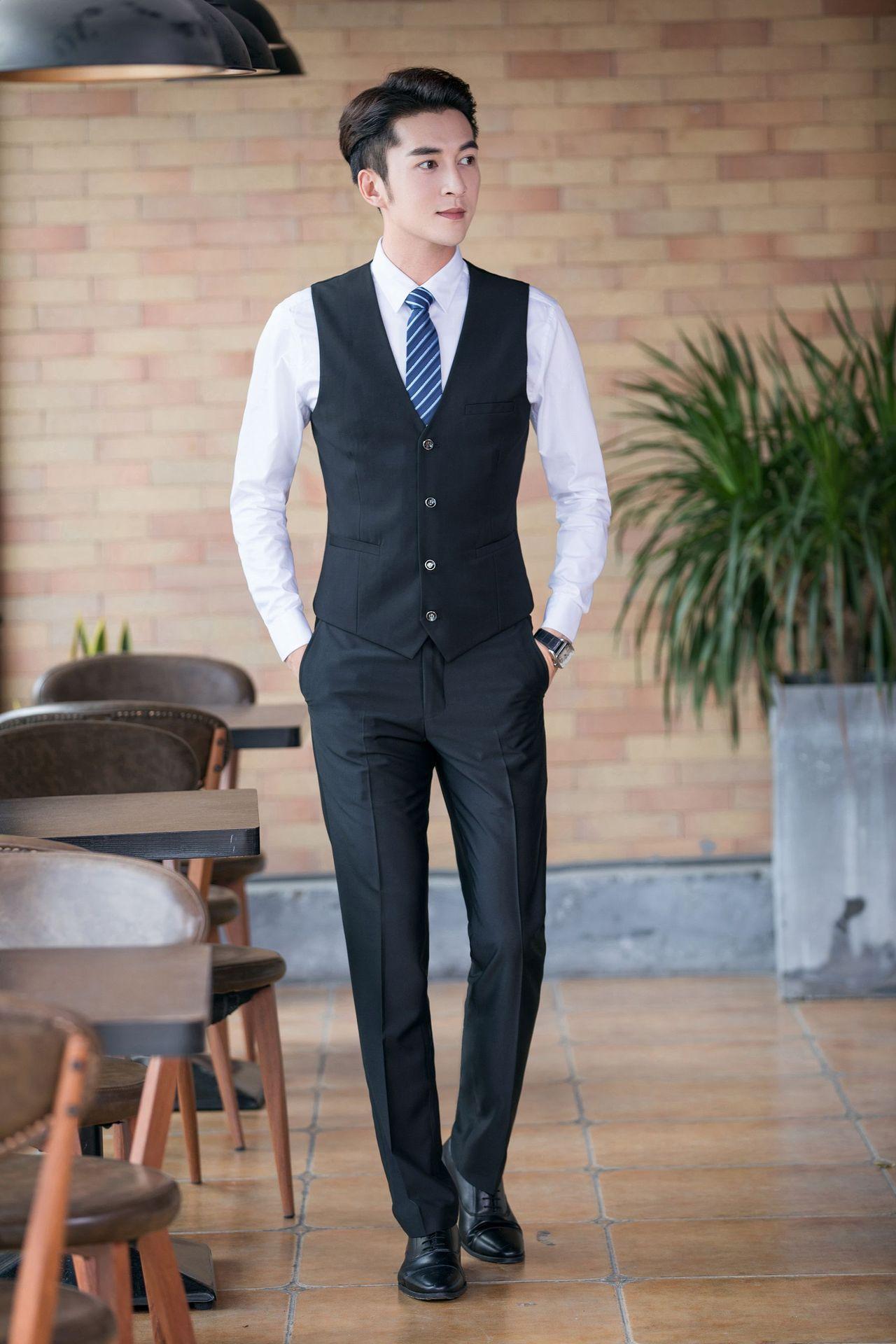 男士兰色西服商务修身韩版帅气西装马甲