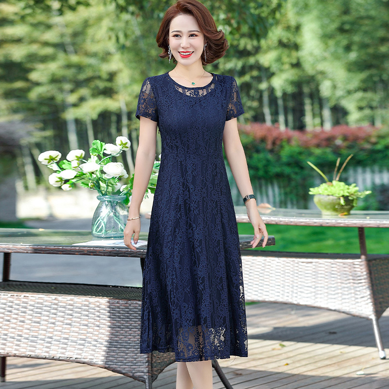 妈妈气质连衣裙中年女夏装新款40岁50高贵纱网中老年短袖过膝裙子