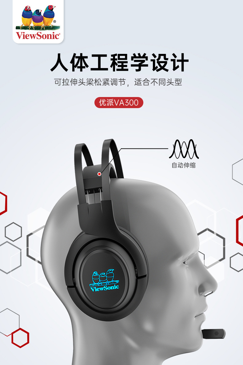 viewsonic优派头戴式发光有线耳机7.1电竞游戏笔记本usb重低音