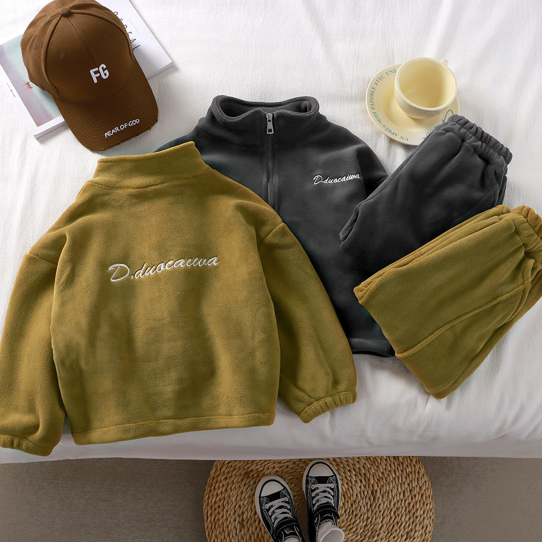 2024儿童秋冬加绒加厚保暖套装韩版男女童双面奥利绒俩件套中大童