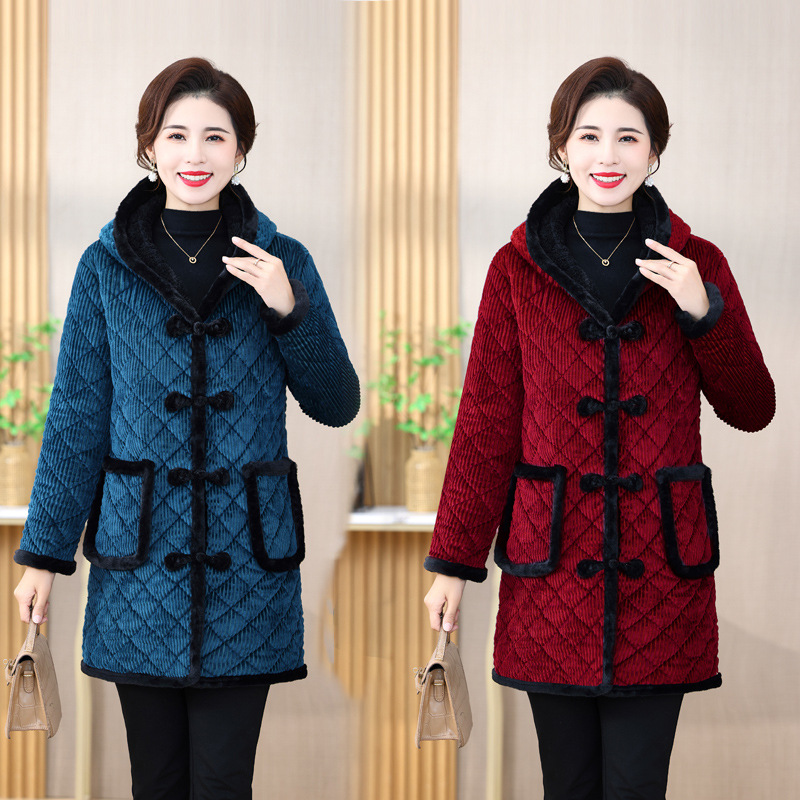 中老年人妈妈冬装加绒外套女时尚棉袄加厚新款奶奶秋冬连帽棉衣服