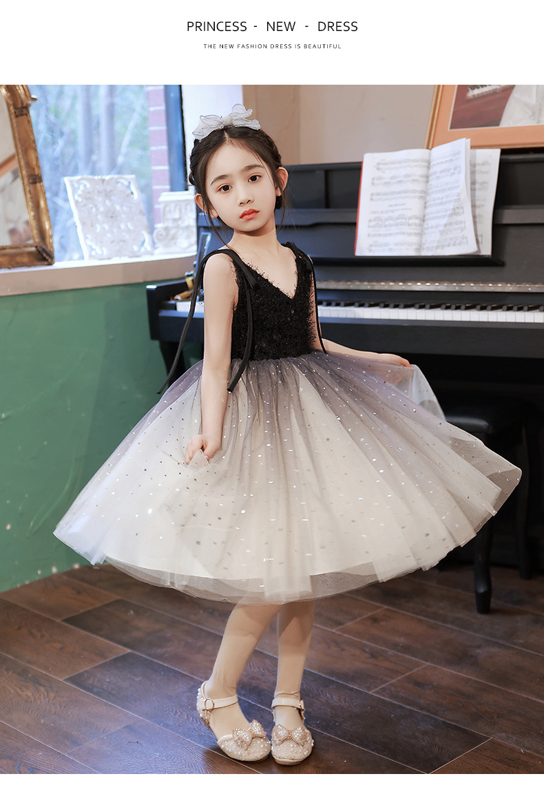 儿童礼服公主裙洋气吊带女童钢琴表演黑色演出服主持人走秀蓬蓬纱