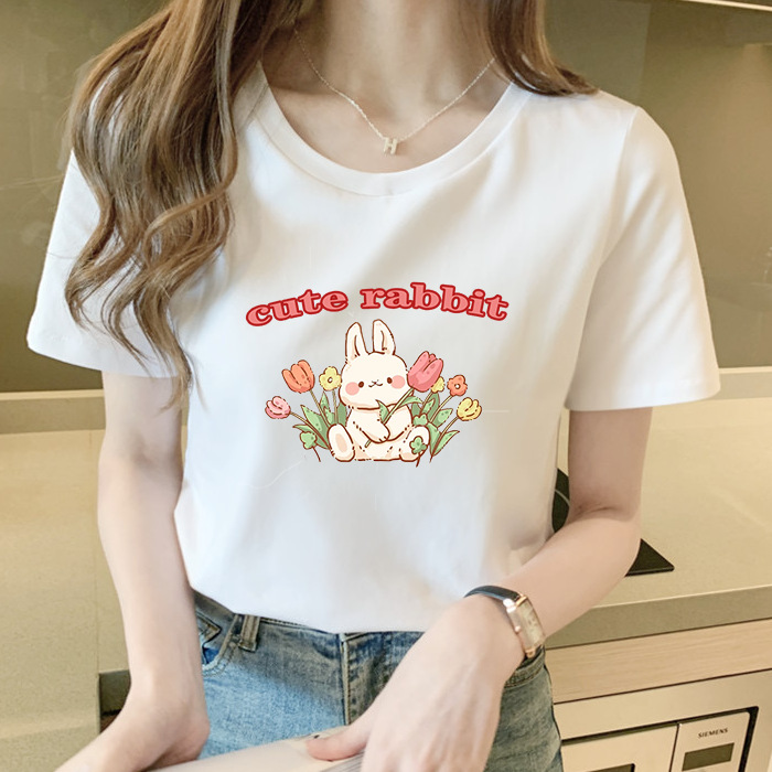 fashion brand printing 230g heavy pure cotton loose short sleeve t-shirt female 2024 summer round neck white tops wholesale