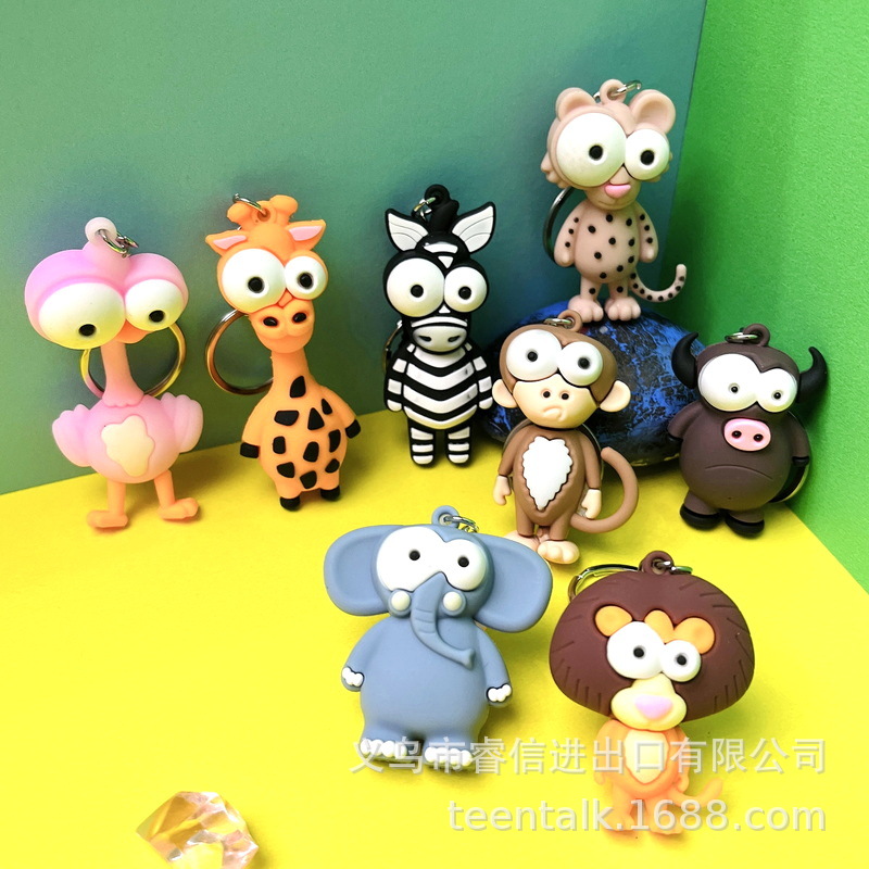 5128# Cartoon Funny Eye-Popping Animal Doll Keychain Giraffe Lion Zebra Monkey Elephant Ostrich Pendant