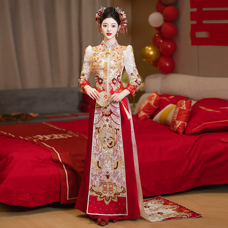 红尘-香槟色秀禾服夏季薄款透纱新中式新娘收腰修身红色拖尾婚纱