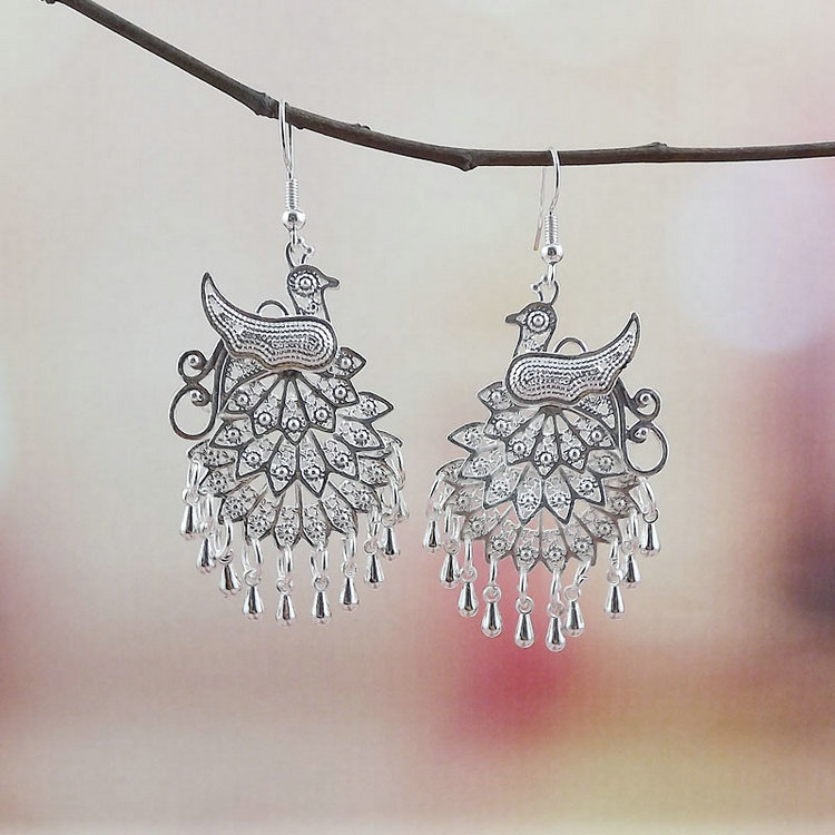 贵州手工苗银复古长流苏夸张民族风苗族百搭耳坠气质女耳环f0312