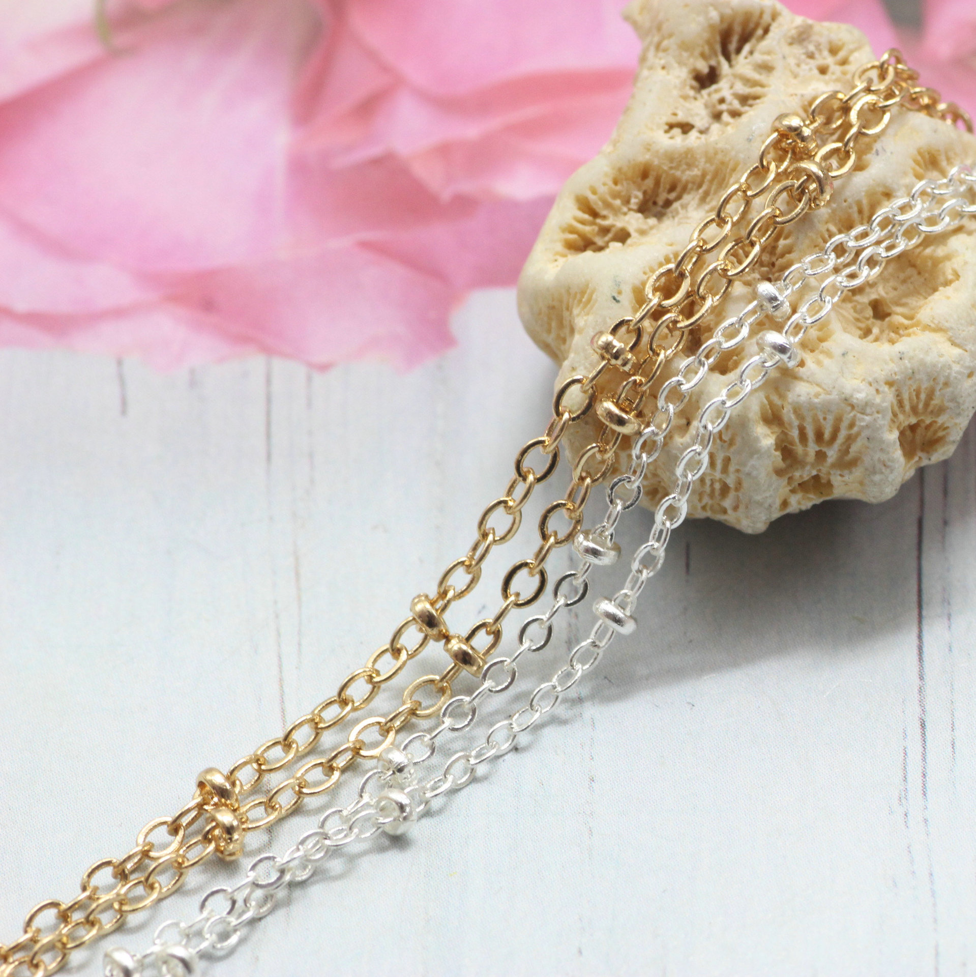 diy首饰品保色电镀细珠链纯铜链条半成品扁线链夹单珠o字链条现货