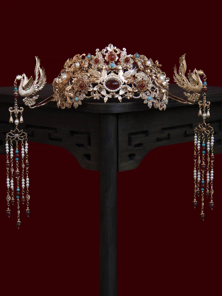 汉服发冠套装婚服头饰华丽古风明制凤冠流苏挑牌步摇中式新娘发饰