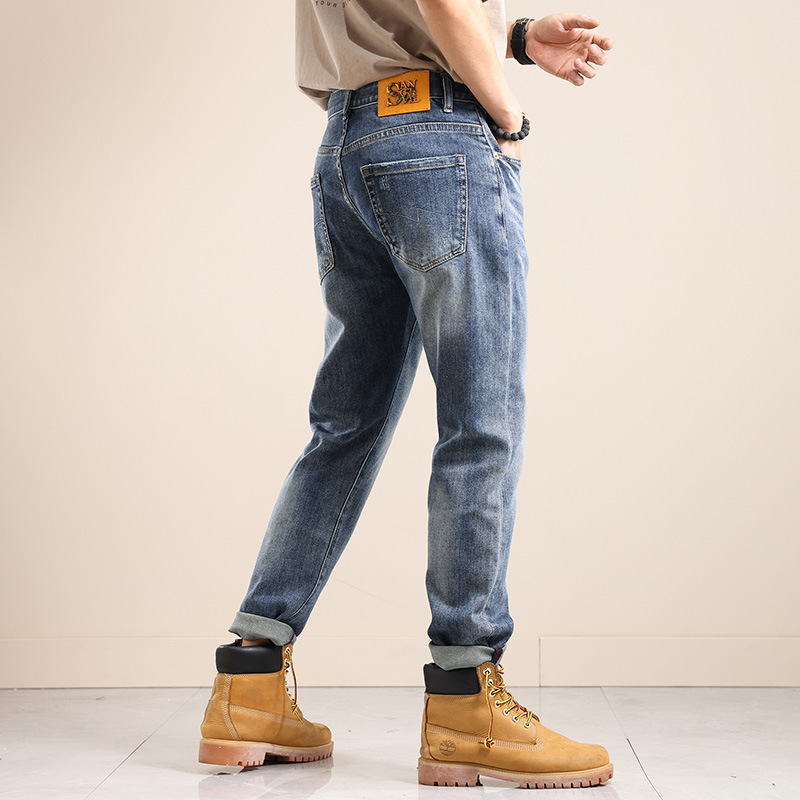 春夏季青年阿美咔叽牛仔裤日系潮牌棉弹牛仔裤男式欧美宽松小直筒