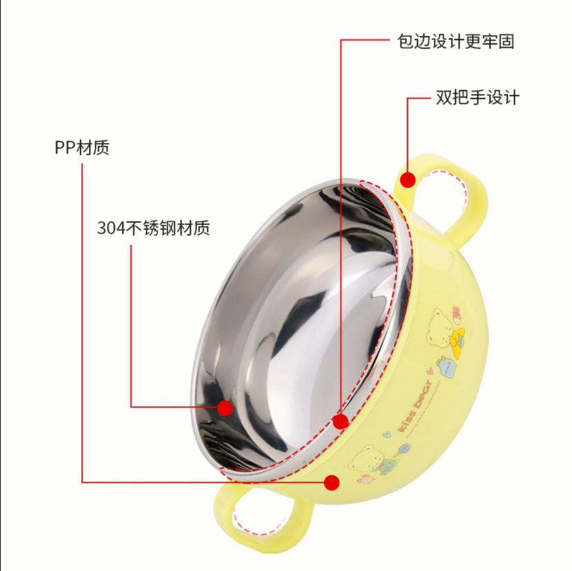 Factory in Stock Pairs Handle Strap Lid Baby Stainless Steel Children's Bowl Cartoon Insulated Bowl with Spoon Solid Food Tableware