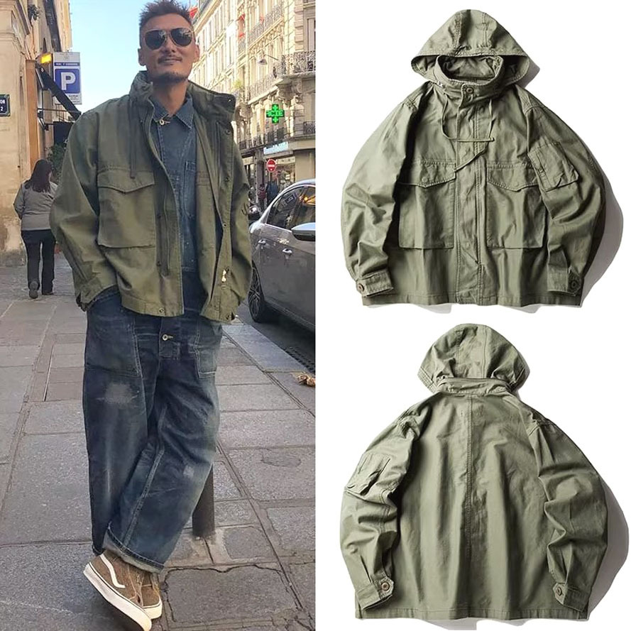 美式复古军事风工装夹克男余文乐同款连帽外套潮牌机能牛仔上衣服