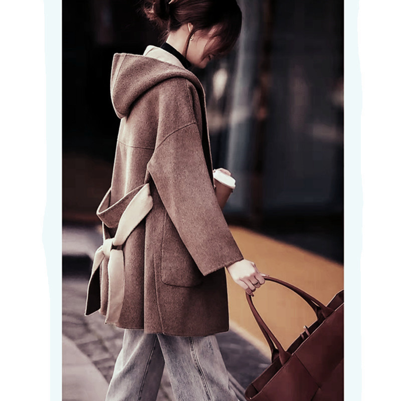 带帽双面羊绒大衣女2021小个子中长款宽松系带撞色加厚羊毛呢外套