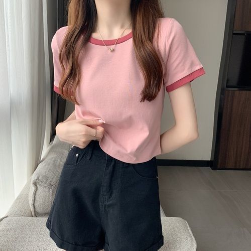 2023 Contrast Color round Neck Short-Sleeved T-shirt Women's Summer Bottoming Shirt Korean Style Slim-Fitting Short T-shirt Female Students Foreign Trade Wholesale