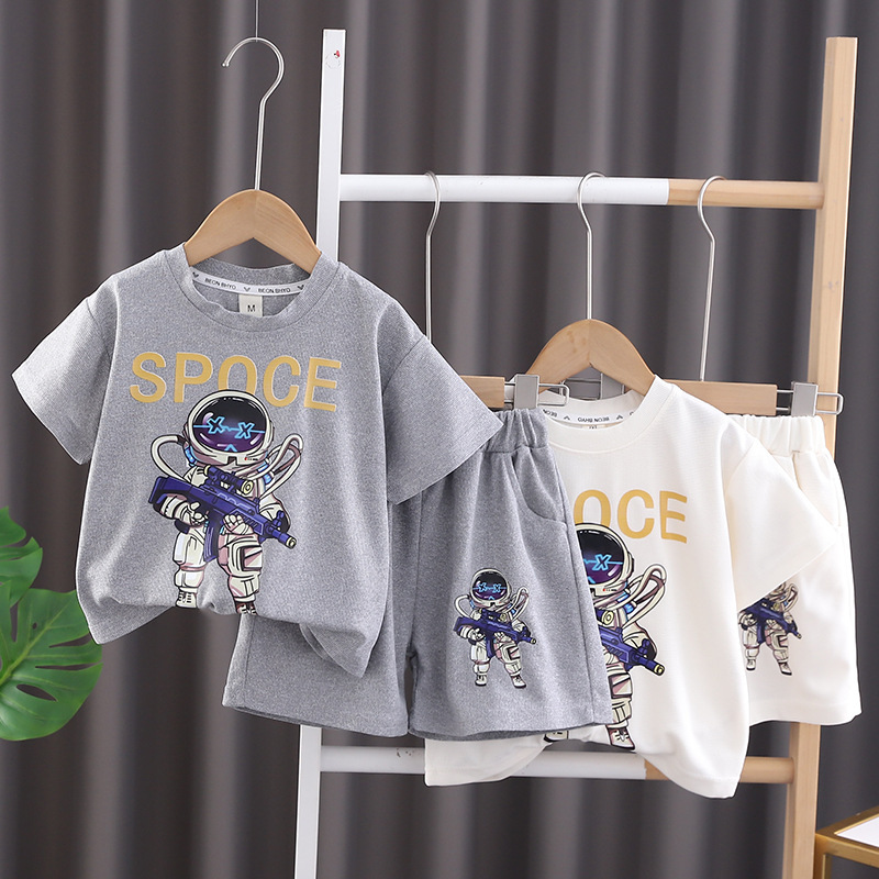 Children's Clothing Children's Short-Sleeved Suit 2024 New Western Style Boy Summer Clothing Clothes Fashion Baby Summer round Neck Two-Piece Set