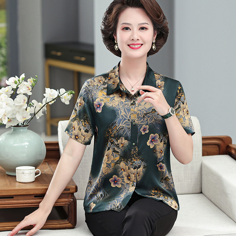 Mom's Spring Mid-Sleeve Shirt Middle-Aged Xiangyun Yarn Shirt T-shirt Women's Middle-Aged and Elderly Summer Mulberry Silk Thin Top