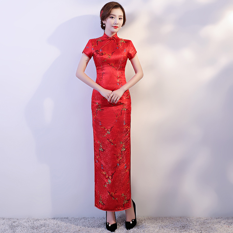 礼仪旗袍颁奖礼服迎宾服装女小姐服红色夏长袖中国风年会演出走秀