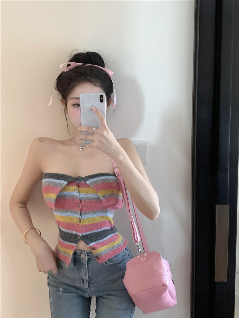 亚马逊2018开春新款无袖纯色性感一字领松紧裹胸不规则条纹抹胸背心女