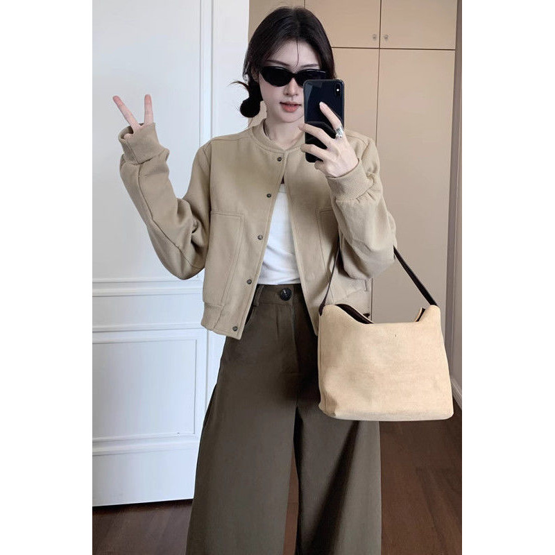 卡其色毛呢棒球服短外套女秋冬2025新款小个子短款高级感气质夹克
