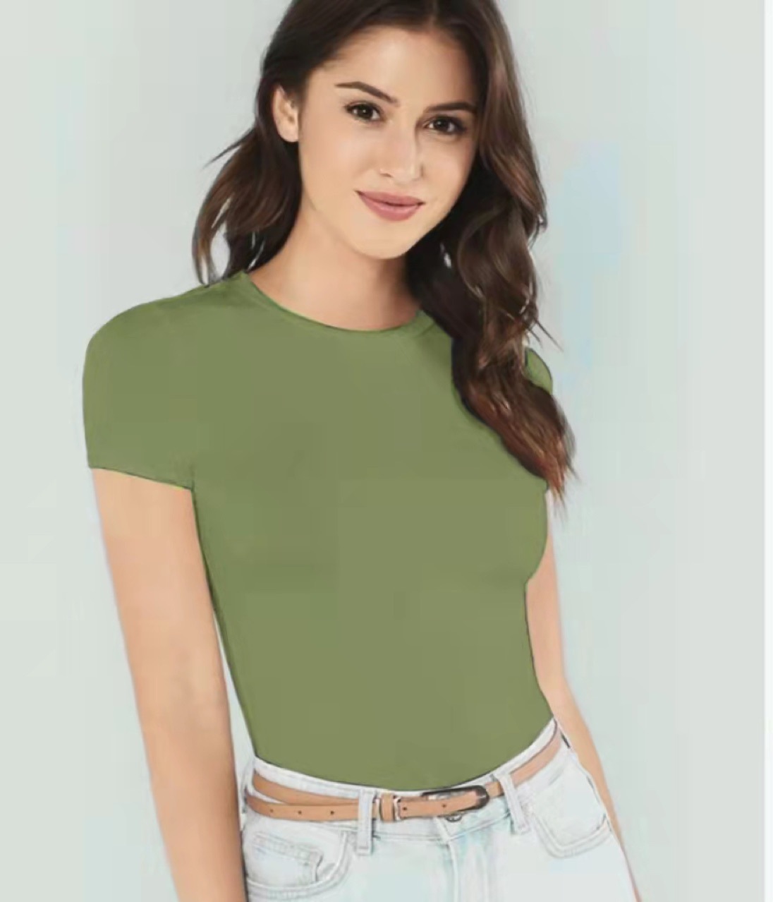 shein女装修身型都市休闲短袖绿色纯色女装出口尾货便宜货t恤