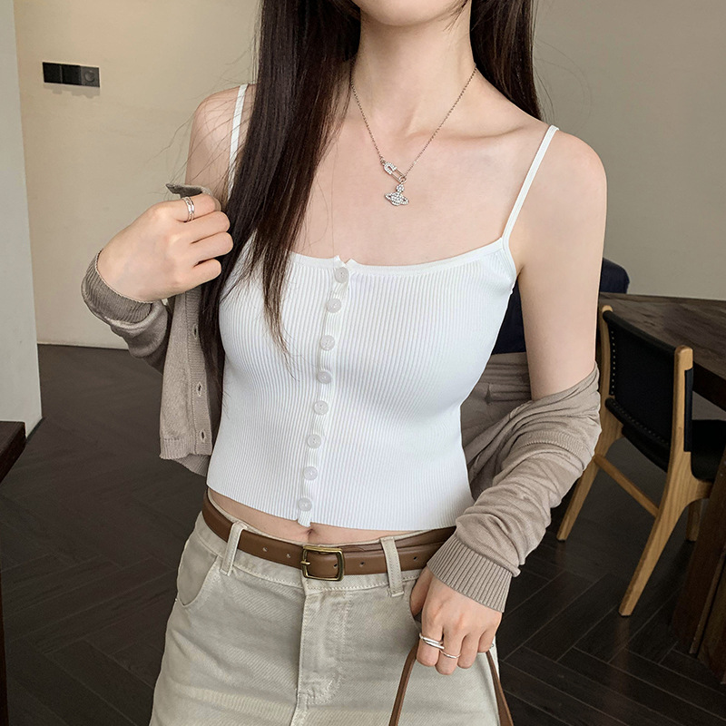 排扣设计感针织吊带内搭背心女2024新款夏季外穿无袖打底衫-阿里巴巴