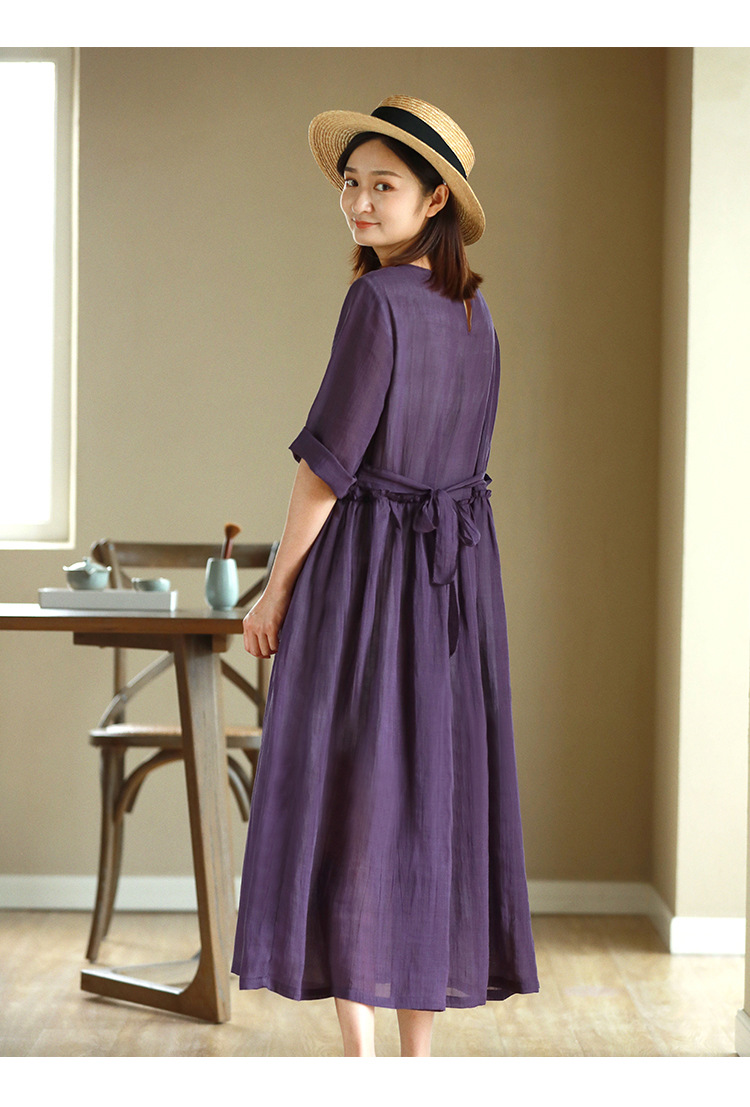 新款夏装苎麻连衣裙女装白色棉麻高腰显瘦文艺宽松圆领小个裙子女