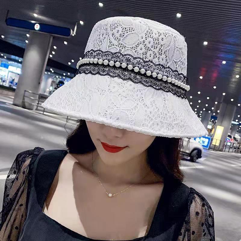 帽子女韩国珍珠蕾丝渔夫帽透气夏日系防晒沙滩百搭夏遮阳盆帽百搭