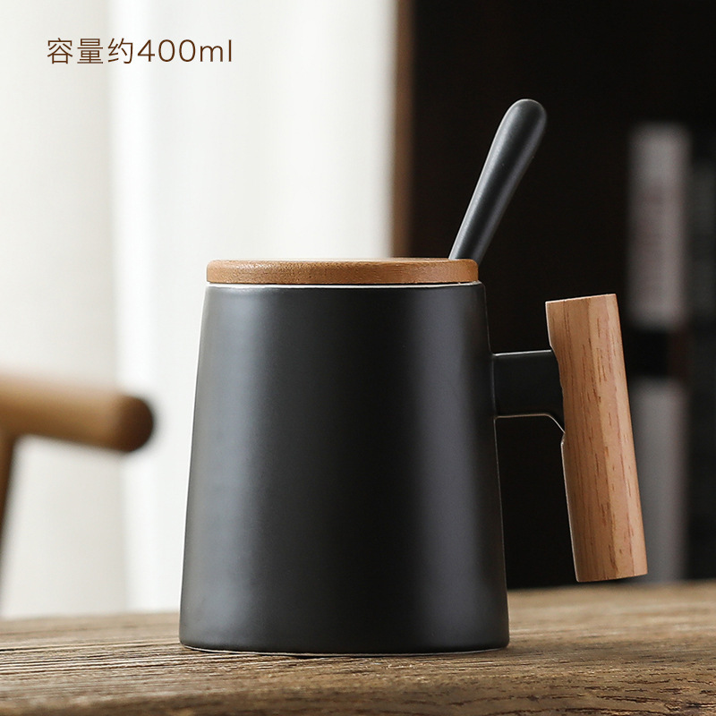 Wooden Handle Wooden Handle Cup Ceramic Mug Gift Box Set Creative Couple Water Cup with Lid Simple Coffee Cup