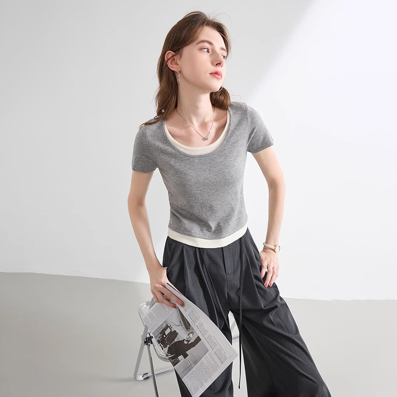 2024夏新款假两件拼接圆领短袖修身针织衫套头t恤女 d391b2032m20