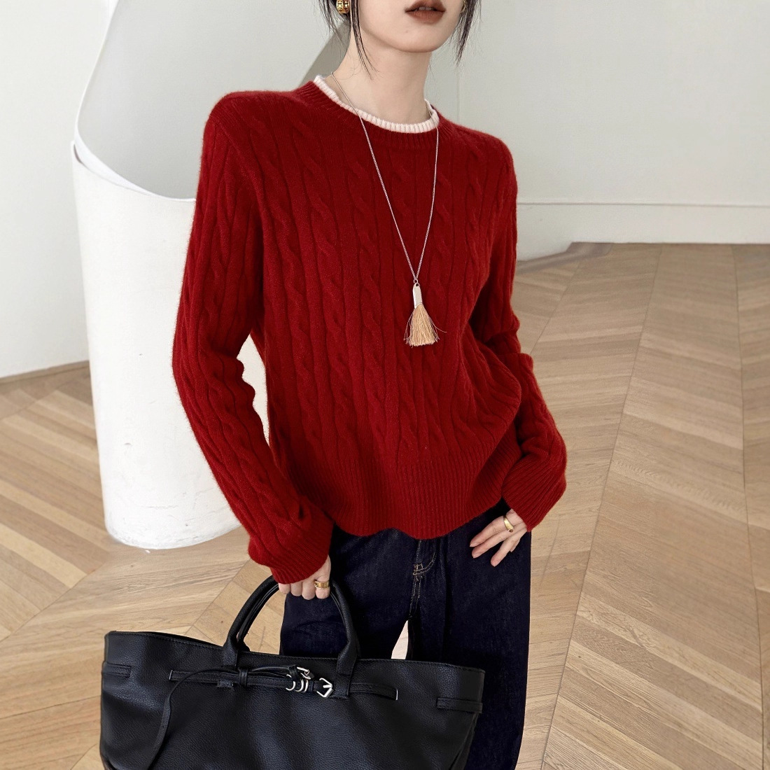 羊毛两件圆领套头针织衫2025秋冬新款复古绞花短袖时尚外穿上衣