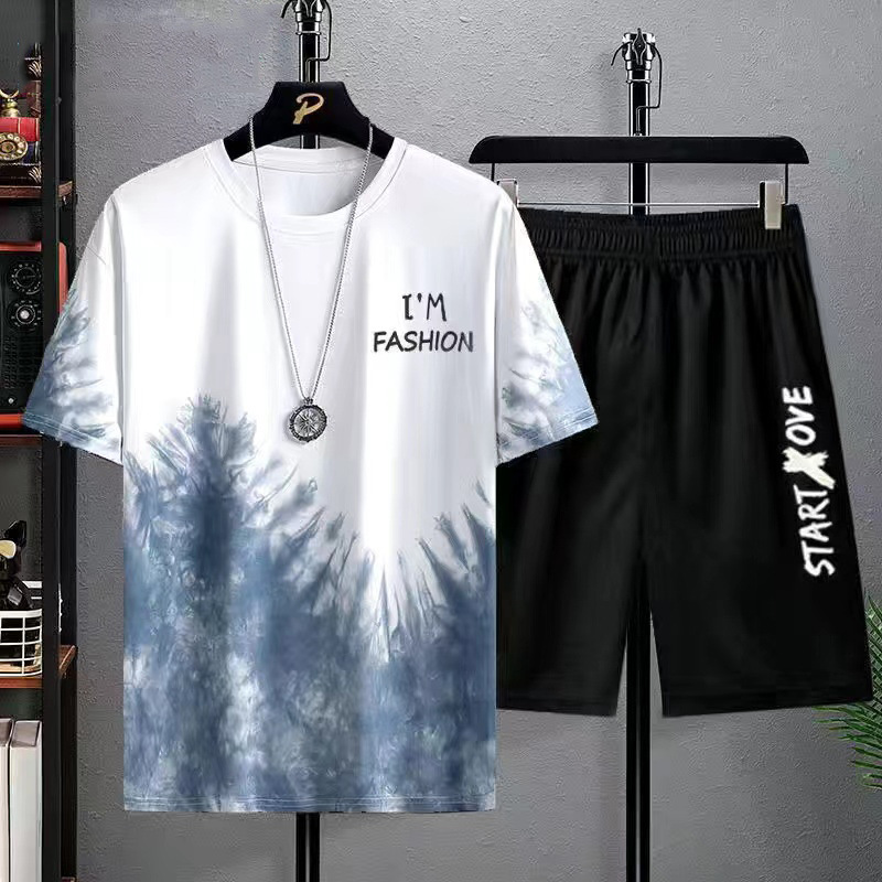Summer Sports Casual Short Sleeve Suit Men's Ice Silk Gradient Printing T-shirt Top with Five-Point Shorts Korean Style