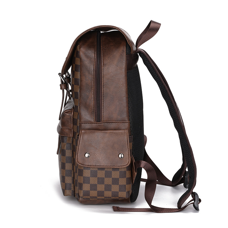 Cross-Border Men's Pu Leather Backpack Trendy Plaid Business Travel Waterproof Computer Handbag All-Matching Casual Backpack