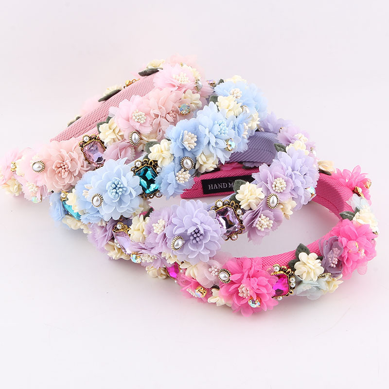 新款欧美时尚巴洛克珍珠水钻海绵发箍女蕾丝花卉头饰发饰发夹批发