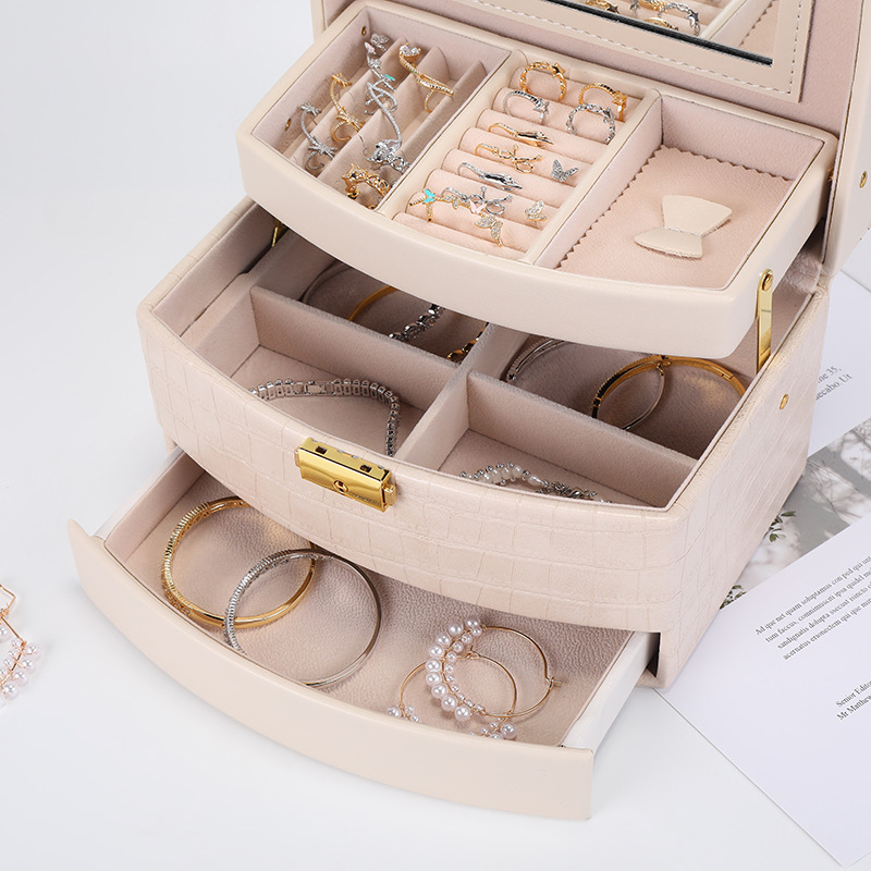 New Crocodile Pattern Layered Jewelry Box Pu Three-Layer Jewelry Box Jewelry Box Earrings Necklace Jewelry Storage Box