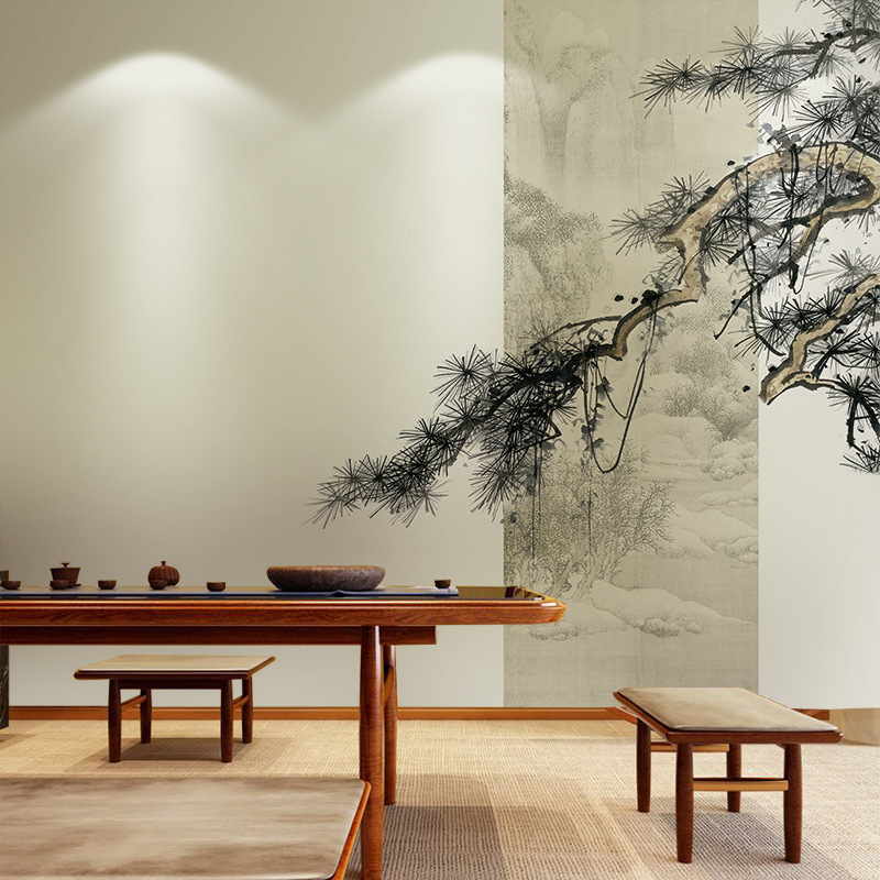 现代中式手绘松枝墙纸壁纸茶室背景墙纸客厅电视装饰意境仙鹤壁画