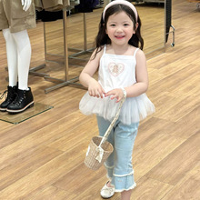 韩国童装2024夏季新款女童爱心网纱吊带儿童花边牛仔喇叭裤套装